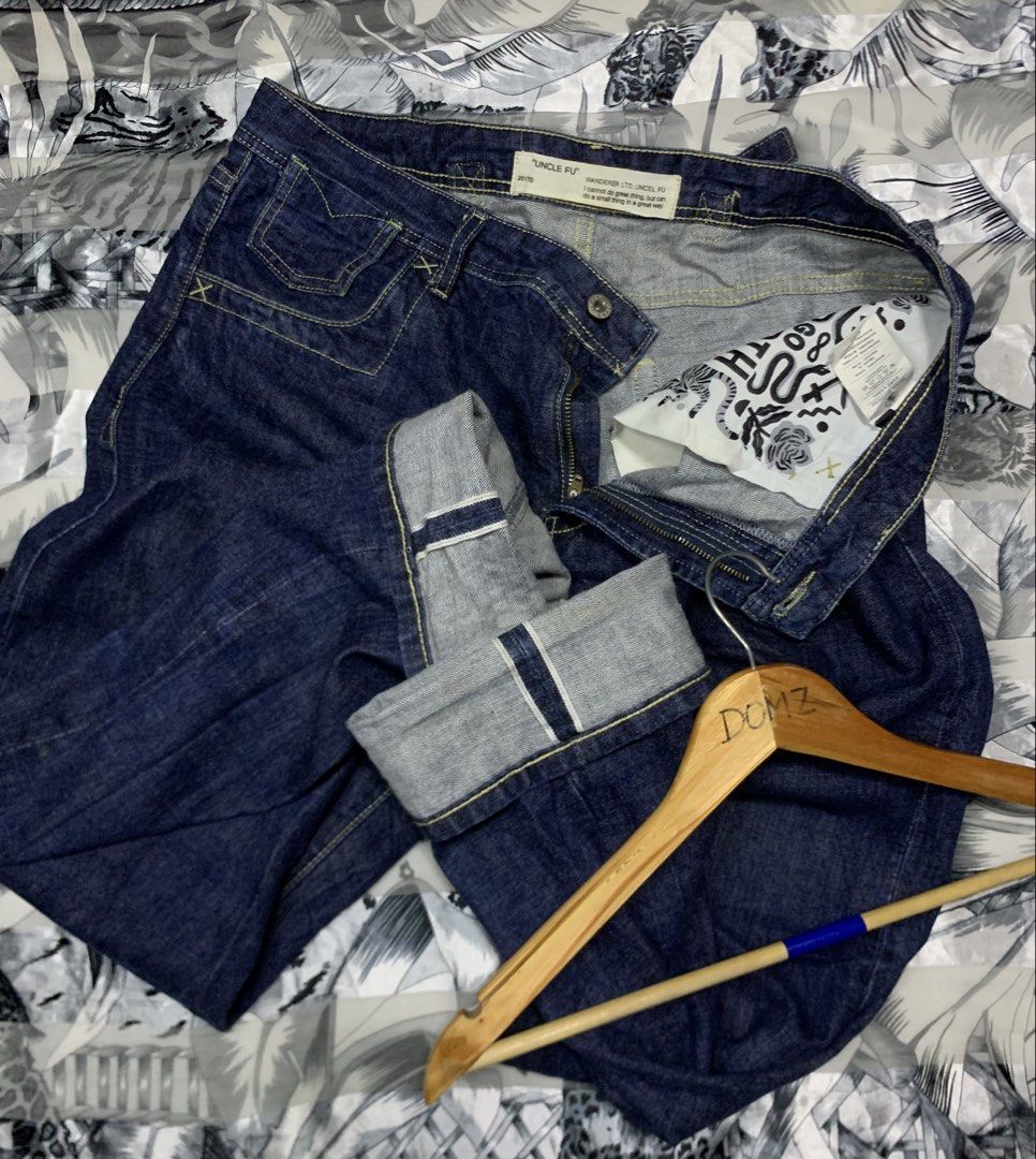 Uncle Fu Wanderer Ltd. Selvedge Denim Jeans (Category: Jeans) located in Polomolok. Submitted by domingthriftclothes (Listing ID 1441399599, Image 1). Description: - Size 34-36 - Brand: Uncle Fu - Style: Dark wash denim jeans - Design: Classic five-pocket - Stitching: Yellow contrast stitching - Closure: Button fly - Special Detail: Contrasting grey fabric with selvedge detailing on inside cuff - Manufacturer: Wanderer Ltd..