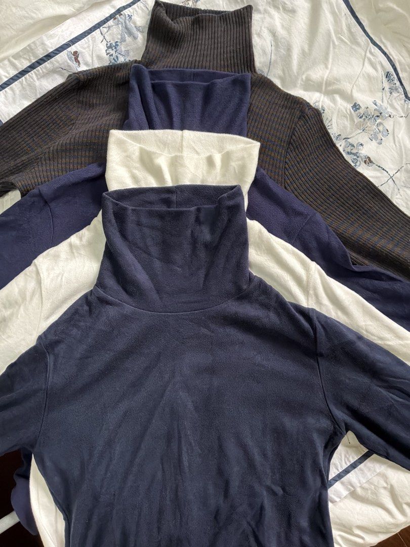 Uniqlo Turtleneck Sweaters Bundle ( Blue, Navy, White, Brown) (Category: Coats, Jackets and Outerwear) located in Dolores. Submitted by zareeena (Listing ID 1441456534, Image 2). Description: - Bundle of three Uniqlo turtleneck sweaters - Size: Medium (M) for all sweaters - Selling as a set.