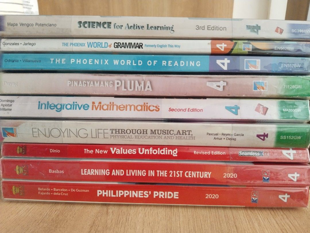 Various Grade 4 Textbooks - Science, Grammar, Math, Values (Category: Textbooks) located in Manila. Submitted by 2nd.chances.by.mj (Listing ID 1441472231, Image 1). Description: Grade 4 textbooks For take all. Subjects include: Science, Grammar, Reading, Math, Music, Art, PE, Health, Values, and Philippine History Titles: Science for Active Learning 4, The Phoenix World of Grammar 4, The Phoenix World of Reading 4, Pinagyamang Pluma 4, Integrativ