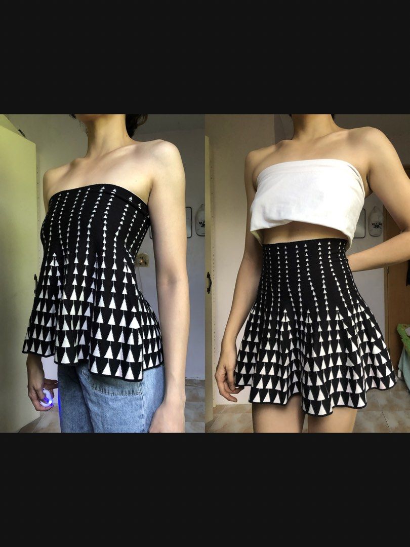 Versatile Tube Top/Skirt (Category: Others Tops) located in Mapandan. Submitted by olibski (Listing ID 1441397081, Image 1). Description: 🧍‍♀️height reference: 167cm (5’5ft) 📍loc: San Carlos, Pangasinan (will do meet-up 📦 shipping: buyer shoulders SF ❗️note: color may vary due to lighting - Black and white geometric triangle print - peplum hem - Versatile: wear as tube or skirt - Comfortable knit material.