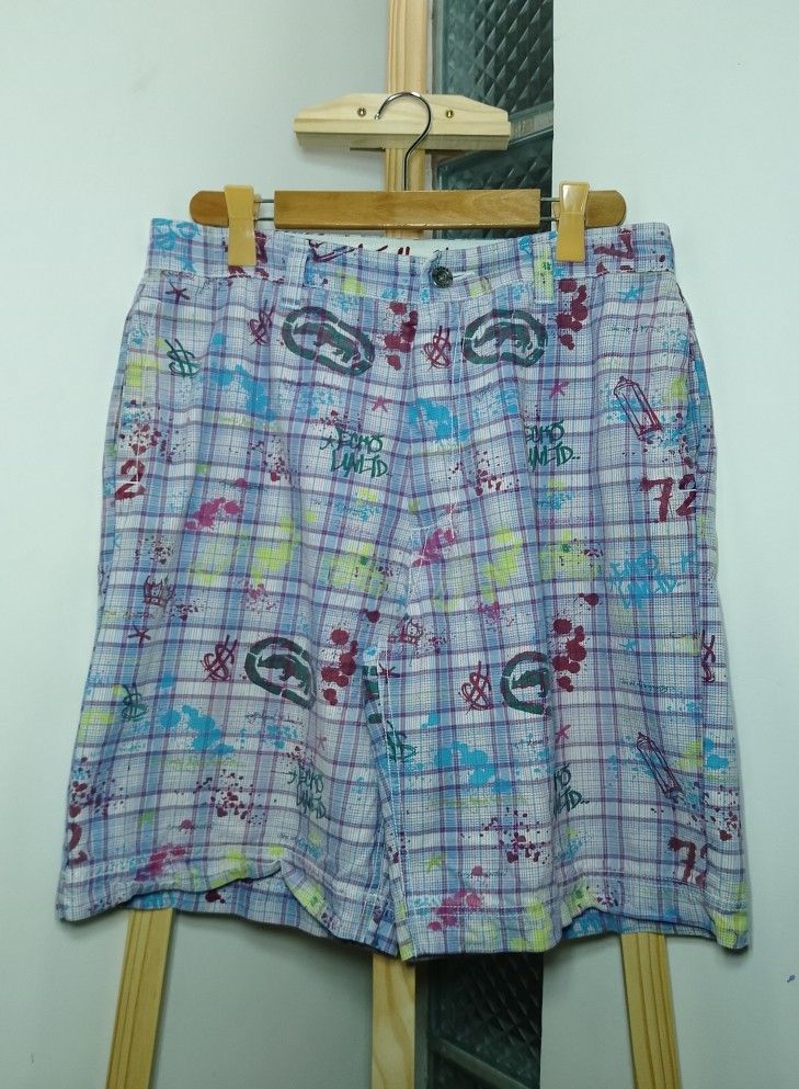 Vintage ECKO UNLTD. Plaid Graffiti Print Shorts (Category: Shorts) located in Manila. Submitted by patrickjos06722 (Listing ID 1441568618, Image 1). Description: - Brand: ECKO UNLTD. - Design: Plaid and graffiti print with all-over rhino logo. - Closure: Zip fly. - Pockets: Two back pockets. - Style: Great for casual wear, unique design. - Condition: Please check photos for details. - Unique and rare print.