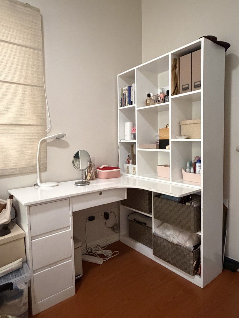 White Corner Desk Table with Bookshelf (Category: Tables & Sets) located in Las Pinas. Submitted by ariarchives (Listing ID 1441400888, Image 1). Description: - Originally customized for P30k+ - Multifunctional table! Used as vanity, study table, and bookshelf - All drawers are functional - Very good quality, material, and use - Need refinishing for scratches and stain (2nd to the last photo) - No other issues! - See last photo for measurements (