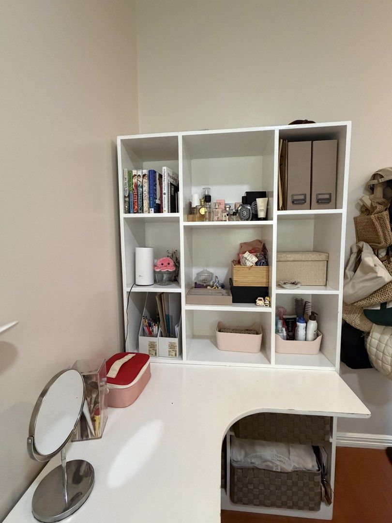 White Corner Desk Table with Bookshelf (Category: Tables & Sets) located in Las Pinas. Submitted by ariarchives (Listing ID 1441400888, Image 2). Description: - Originally customized for P30k+ - Multifunctional table! Used as vanity, study table, and bookshelf - All drawers are functional - Very good quality, material, and use - Need refinishing for scratches and stain (2nd to the last photo) - No other issues! - See last photo for measurements (