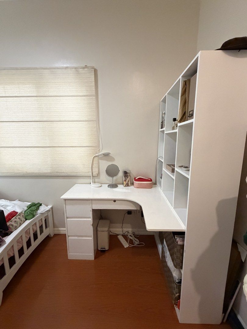 White Corner Desk Table with Bookshelf (Category: Tables & Sets) located in Las Pinas. Submitted by ariarchives (Listing ID 1441400888, Image 3). Description: - Originally customized for P30k+ - Multifunctional table! Used as vanity, study table, and bookshelf - All drawers are functional - Very good quality, material, and use - Need refinishing for scratches and stain (2nd to the last photo) - No other issues! - See last photo for measurements (