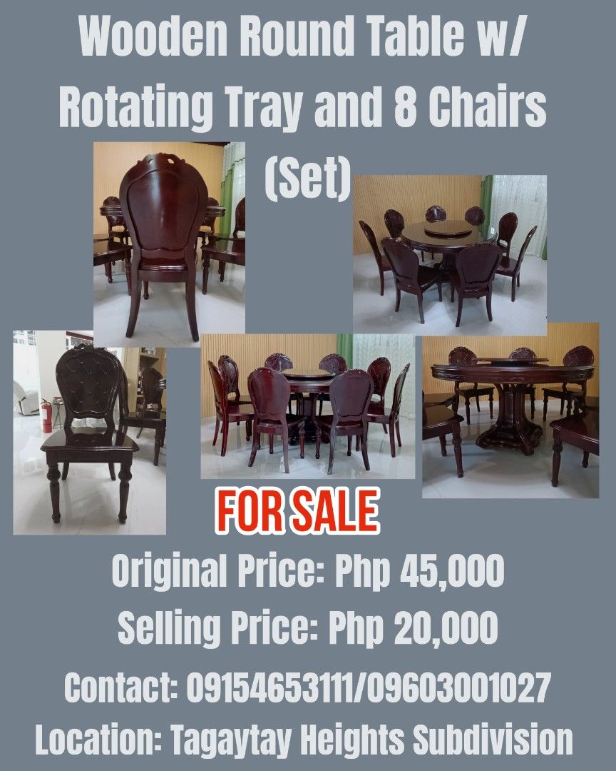 Wood Round Table w/ Turntable and 8 chairs (Set) (Category: Tables & Sets) located in Cavite. Submitted by jocelb.t (Listing ID 1441441613, Image 1). Description: wood 8 chairs wood round table (glass on top) wood turn table (glass on top) no issue or damages location: tagaytay heights subdivision, tagaytay city.
