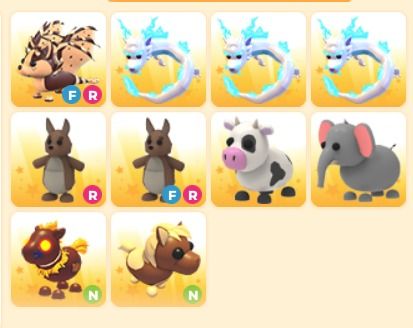 (WTS!) Adopt Me Pets (Category: In-Game Products) located in Singapore. Submitted by yipeeyayay (Listing ID 1441431683, Image 1). Description: Still available : FR Ccbd, 3 Frost Fury, R Kangaroo, FR Kangaroo, 1 Cow, 1 Elephant, Neons Name your price Lowballers will not be tolerated Paynow / Paylah.