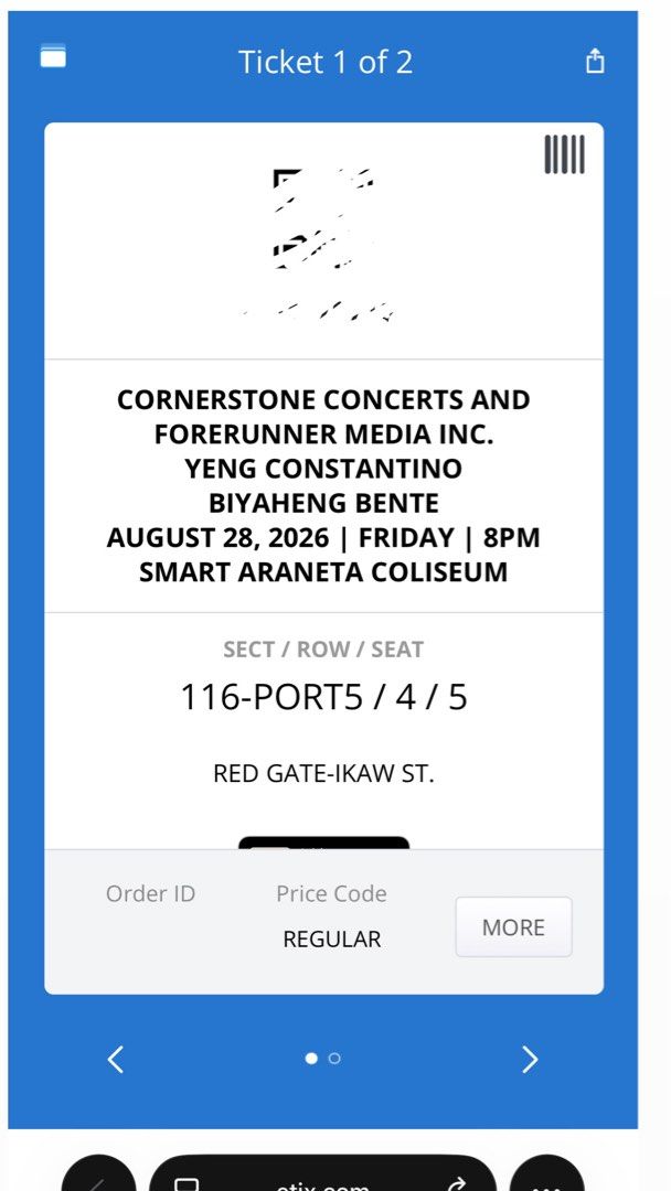 Yeng Constantino Biyheng Bente Ticket - August 28, 2026 (Category: Events Tickets) located in Quezon City. Submitted by enayeks (Listing ID 1441472838, Image 1). Description: - Yeng Constantino: Biyheng Bente Concert Ticket - Date: August 28, 2026 (Friday) - Time: 8:00 PM - Venue: Smart Araneta Coliseum - Section: 116 - Port: 5 - Seat: 4&5 - Entrance: Red Gate - Price: 4,300 each (SRP) + 150 (Processing fee).
