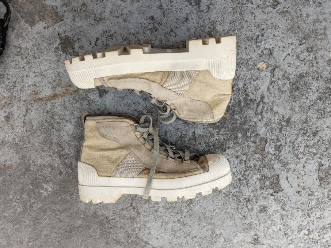 Acne Studios - Daniel Suede and Grosgrain-Trimmed Canvas Boots - Men - Beige size 43 combat military utility shoes (Category: Sneakers & Footwear) located in Taguig. Submitted by nextflip (Listing ID 1444932791, Image 2). Description: in excellent condition needs wash only no sole separation no drags kapital visvim.