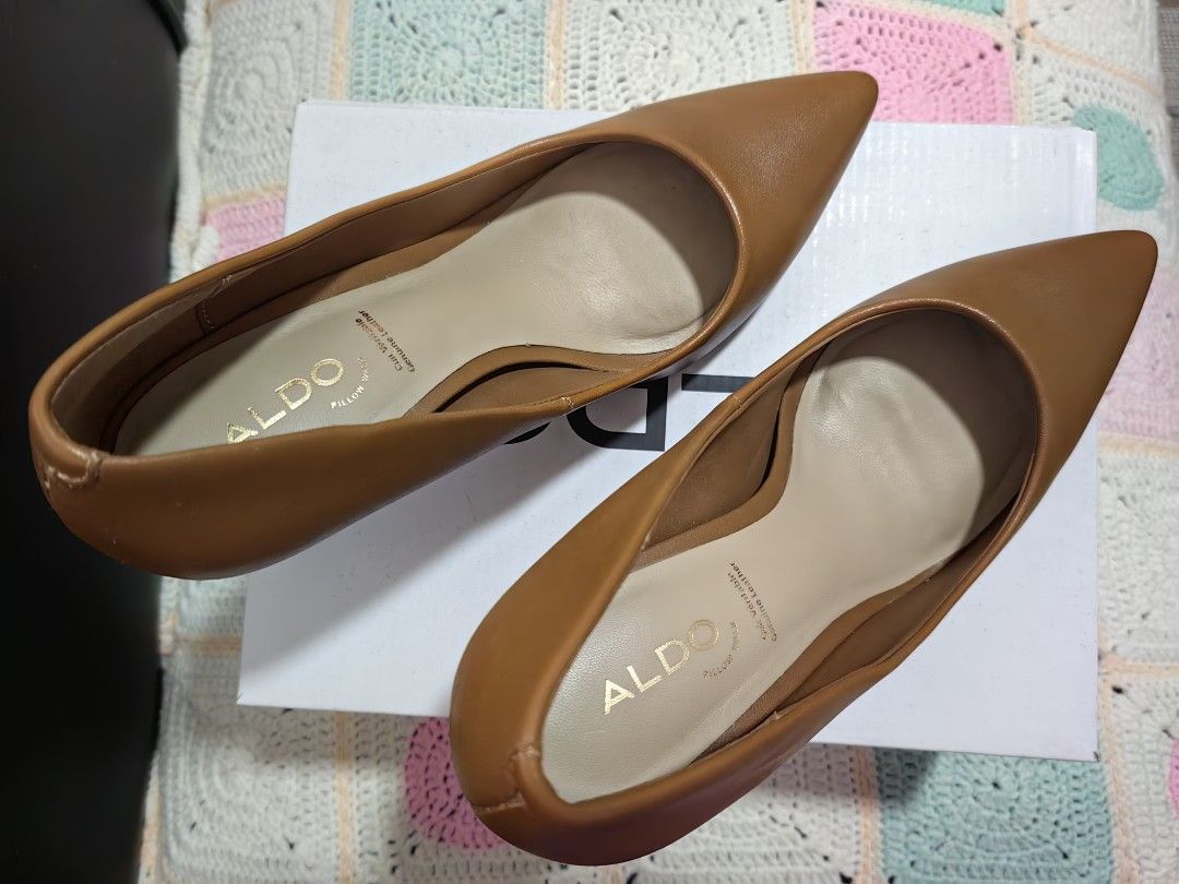 ALDO Brown Leather Pointed Toe Stiletto Heels (Category: Heels) located in Pasay City. Submitted by meimeitoot (Listing ID 1444870776, Image 3). Description: - Brand: ALDO - Color: Medium Brown - Material: Leather - Style: Pointed toe heels with stiletto heel - Inclusions: Original box and dust bag - Features: Classic, versatile design.