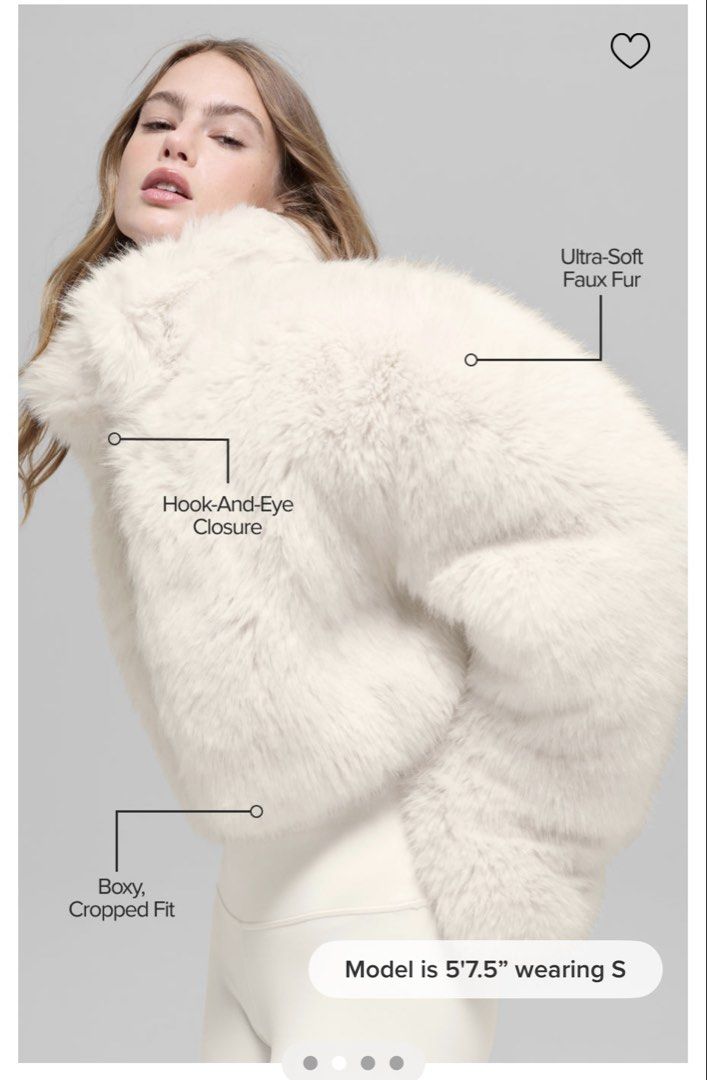 Alo Opulent Faux Fur Cropped Jacket - Ivory (Category: Coats, Jackets and Outerwear) located in Singapore. Submitted by jojo0257 (Listing ID 1444964508, Image 2). Description: - Super soft faux fur - Cropped, boxy fit - Hook-and-eye closure - Color: Ivory - Available size: XS - Worn once only ! - Retail Price: $345.