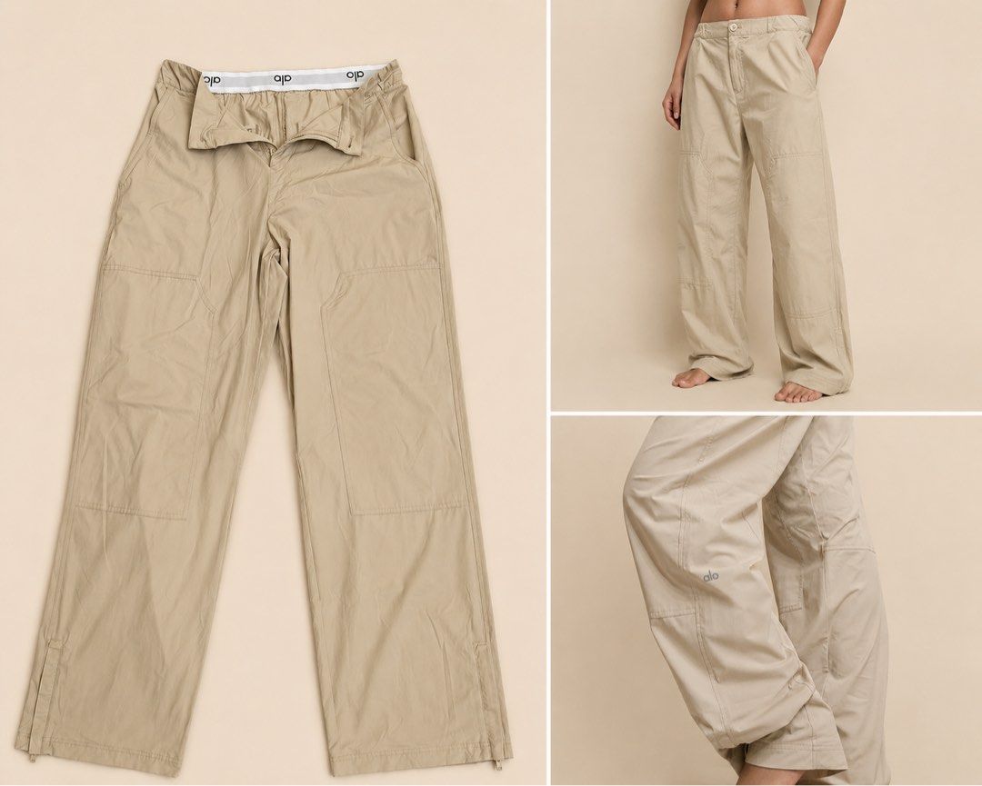 Alo Yoga Beige Cargo Pants (Category: Other Bottoms) located in Mandaluyong City. Submitted by timbc (Listing ID 1445018895, Image 1). Description: - Brand: Alo Yoga - Color: Beige - Fit: Wide leg - Waistband: Elastic with Alo branding - Pockets: Two front, two cargo - Ankle Details: Drawstring and zippers - Style: Casual, Athleisure.