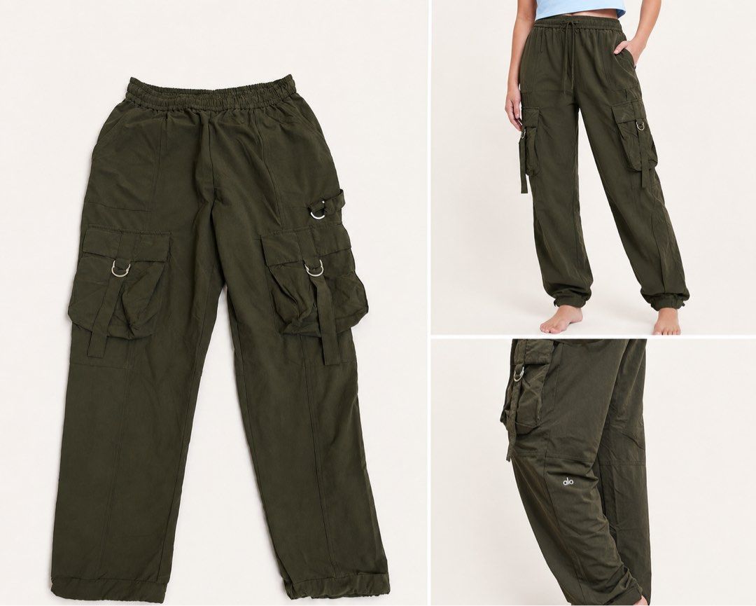 Alo Yoga Cargo Pants Olive Green (Category: Other Bottoms) located in Mandaluyong City. Submitted by timbc (Listing ID 1445018551, Image 1). Description: - Olive green cargo pants from Alo Yoga - Elastic waistband with adjustable drawstring - Multiple pockets featuring stylish ring details - Relaxed fit for comfort - Cinched ankles for a modern look - Ideal for everyday wear and casual outfits.