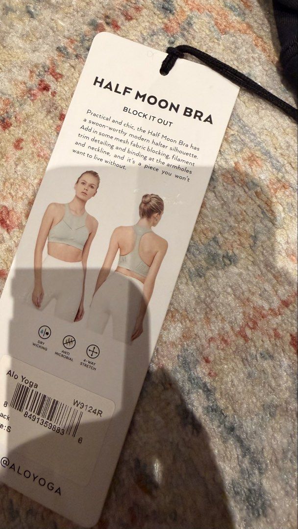 Alo Yoga Half Moon Bra Black Mesh Halter Size S (Category: Activewear) located in Singapore. Submitted by smkmirrors (Listing ID 1444978246, Image 3). Description: - Alo Yoga Half Moon Bra - Colour: Black - Halter silhouette with mesh fabric blocking - Trim detailing and binding at armholes and neckline - Moisture-wicking and anti-microbial properties - 4-way stretch fabric for comfort and flexibility - Suitable for workouts and everyday wear.