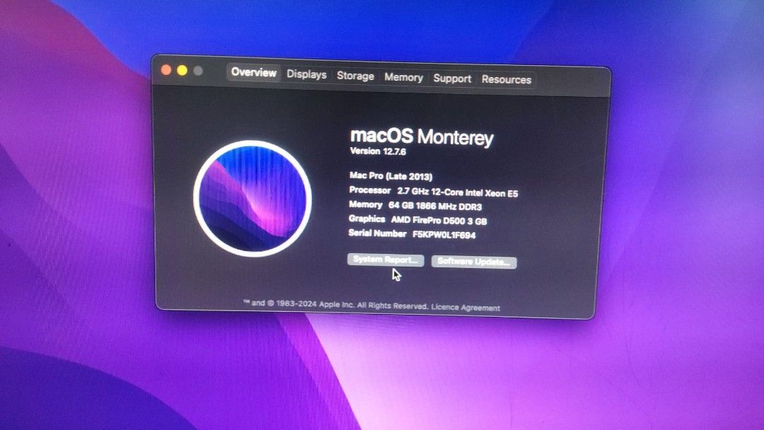 Apple Mac Pro (Category: Desktops) located in Johor Bahru. Submitted by bumblebeet (Listing ID 1444896413, Image 3). Description: Mac Pro 6.1 (late 2013) Processer 12-core intel Xeon E5 Memory 64 GB Graphic AMD FirePro D500 macOS Monterey SSD 125 GB.