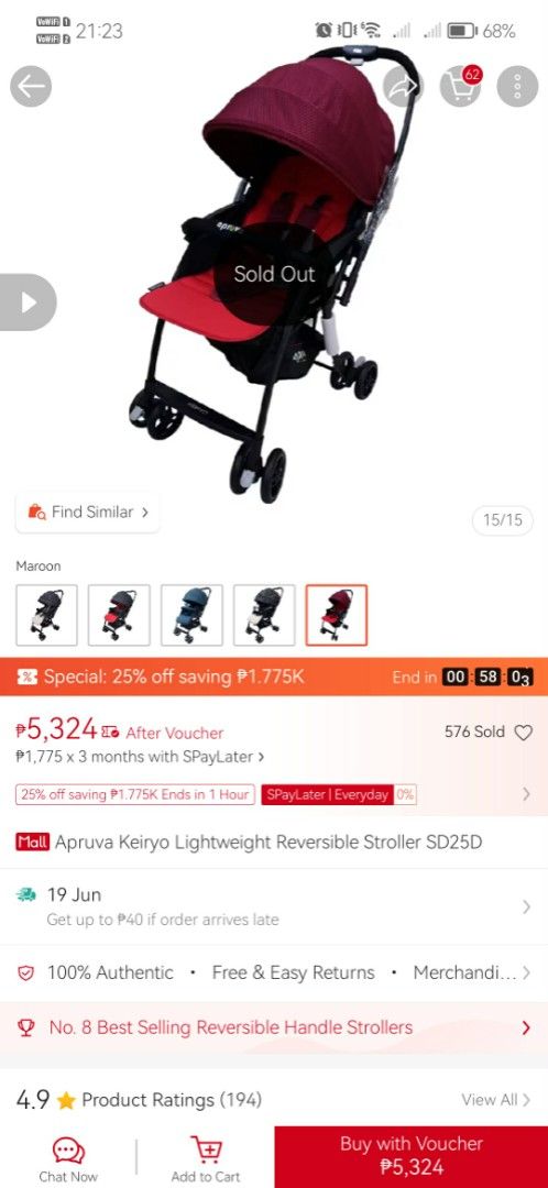 Apruva Keiryo Lightweight Reversible Stroller SD25D (Category: Strollers) located in Manila. Submitted by kingractis62231 (Listing ID 1444968312, Image 1). Description: - Apruva Keiryo Lightweight Stroller (only 4.6kg!) - Reversible handle for parent or world-facing - One-hand compact fold for easy storage - Soft, detachable armbar for convenience - Smooth maneuverability with pivoting front wheels - Secure ride with lockable rear wheels - Added 