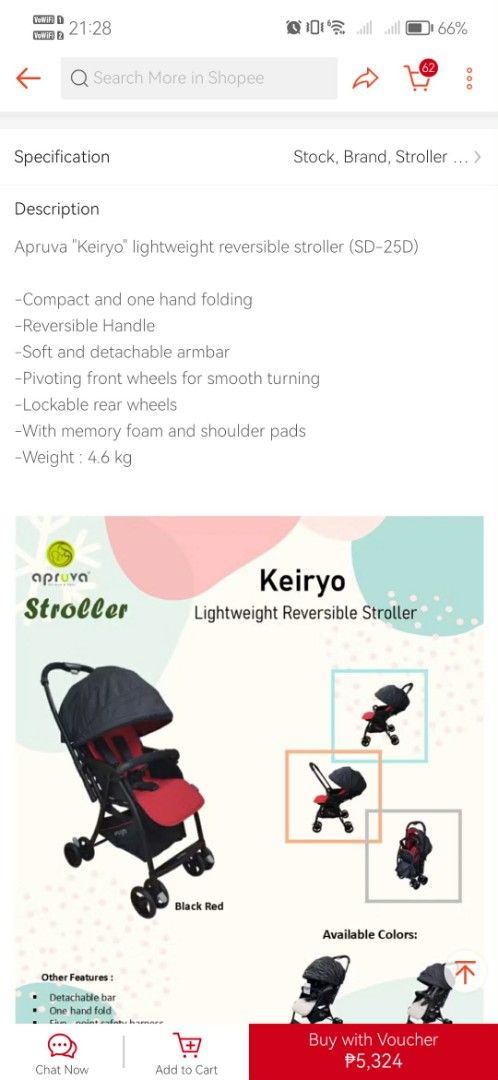 Apruva Keiryo Lightweight Reversible Stroller SD25D (Category: Strollers) located in Manila. Submitted by kingractis62231 (Listing ID 1444968312, Image 3). Description: - Apruva Keiryo Lightweight Stroller (only 4.6kg!) - Reversible handle for parent or world-facing - One-hand compact fold for easy storage - Soft, detachable armbar for convenience - Smooth maneuverability with pivoting front wheels - Secure ride with lockable rear wheels - Added 