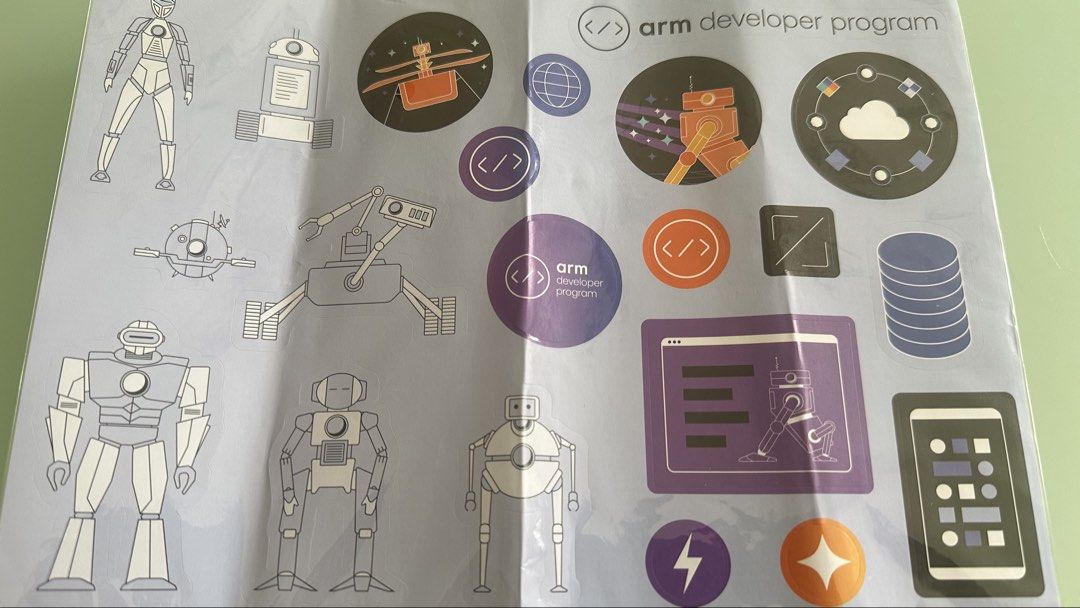 ARM Developer Program Stickers - Robots, Cloud, Mobile (Category: Art & Prints) located in Singapore. Submitted by makokoi (Listing ID 1444928149, Image 2). Description: - Official ARM Developer Program stickers - Features cool designs: robots, satellite, cloud icons, smartphone graphic - Includes circular stickers with ARM logo and coding symbols - Ideal for decorating laptops, notebooks, and more.