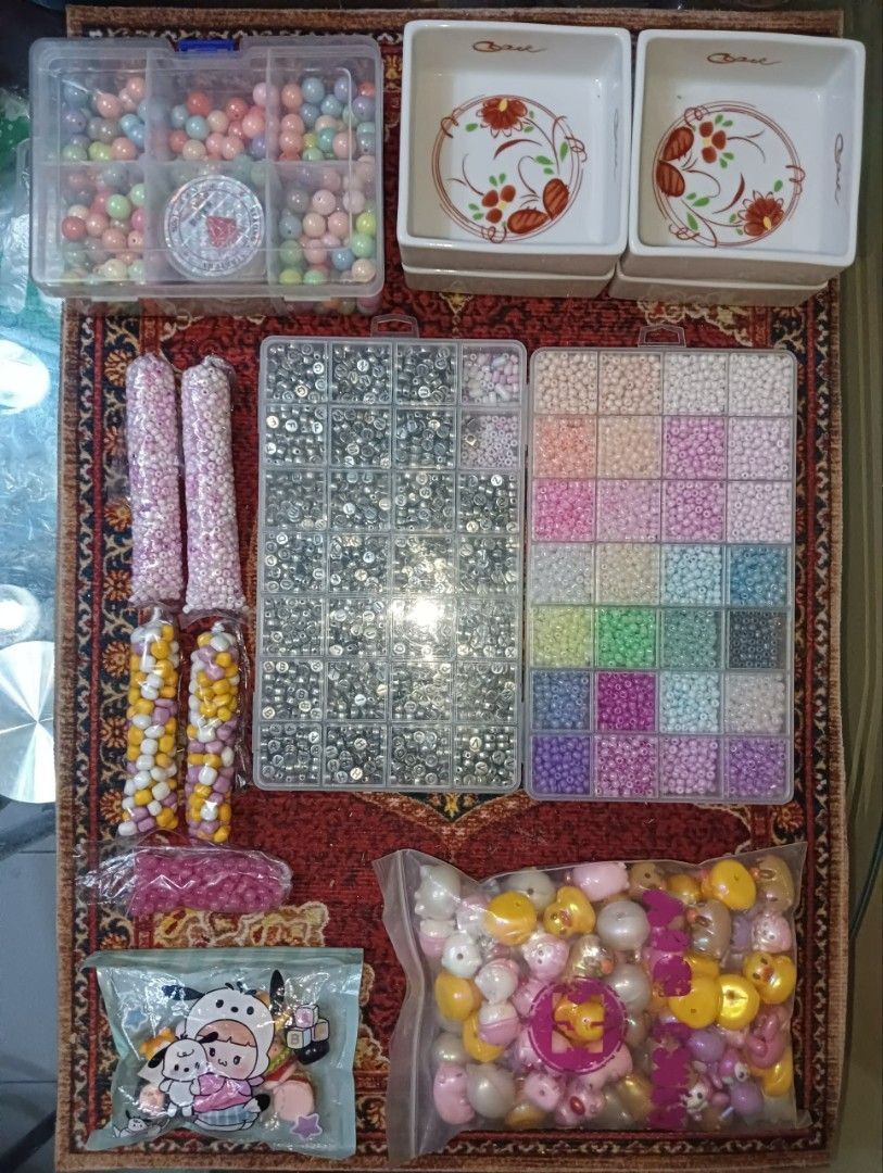 Assorted Beads, Charms, and Crafting Supplies Bundle (Category: Craft Supplies & Tools) located in Quezon City. Submitted by fibsy (Listing ID 1445034219, Image 2). Description: Assorted beads in various colors and sizes - 1 full pack of charm beads from tiktok scoop worth ₱821.68 what's inside? Cinnamoroll, Capybara brown and pink, ducks, kuromi, my melody, hello kitty (pink/blue/purple bow) total of 100+ pieces - Comes with storage containers a