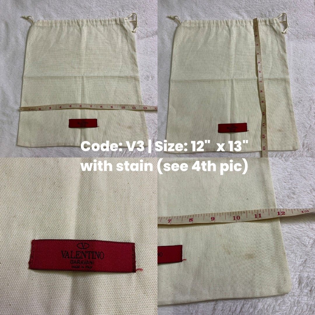 Authentic Valentino Garavani Dust Bags (Category: Luxury Bags & Wallets) located in Manila. Submitted by poupeefrills (Listing ID 1444880141, Image 3). Description: Authentic V Dustbags Details on each photo Price List: •V1 - 350php •V2 , V3, V4 - 500php This shop is not affiliated with any of the brands featured in this account. All rights and registered trademarks remain the property of the respective brand owners. .