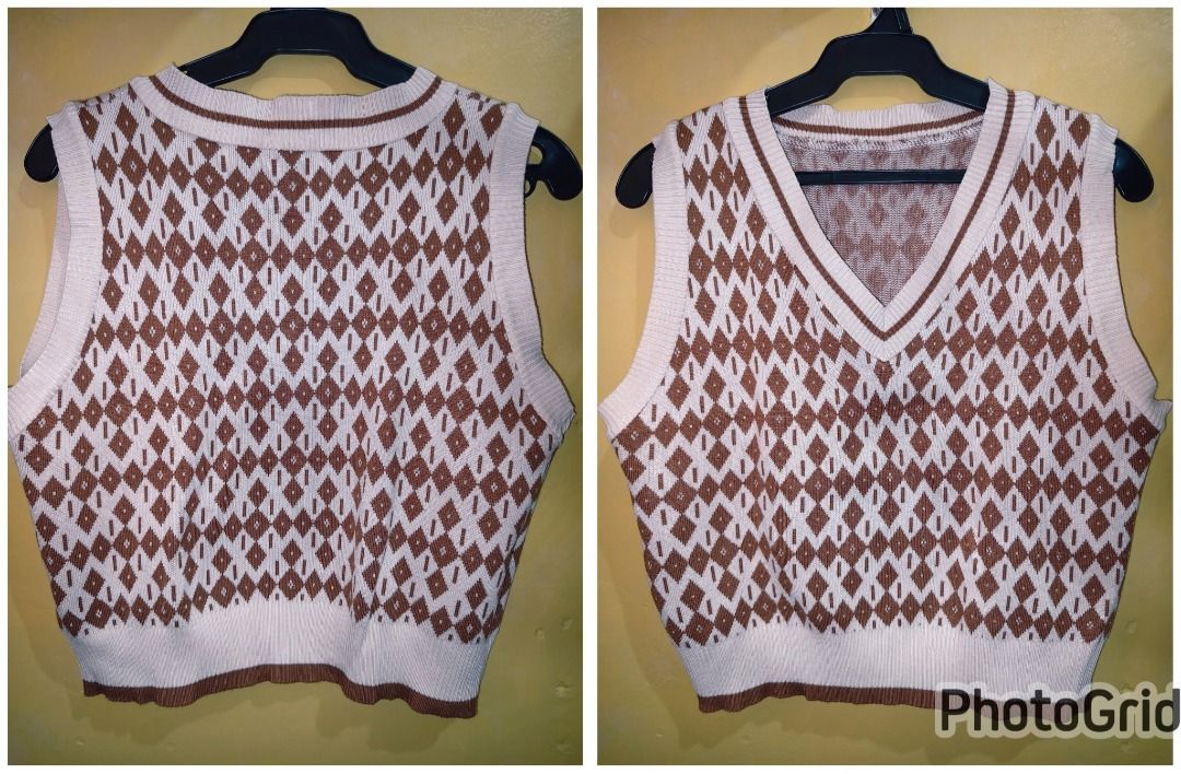 Brown and White Argyle Knit Sweater Vest (Category: Sleeveless) located in Pasay City. Submitted by kjack.lance_258 (Listing ID 1444947759, Image 1). Description: - Cute knit sweater vest - Cream base with brown argyle diamond pattern - V-neckline - Versatile for layering or wearing on its own - Ideal for a preppy or casual look - Suitable for cooler weather.