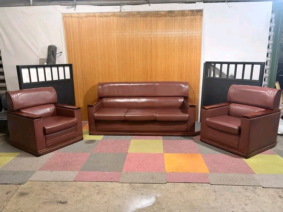 Brown Leather Sofa Set - 3 Seater + 2 Single Chairs (Category: Sofas) located in Manila. Submitted by eloizavill76462 (Listing ID 1444934599, Image 1). Description: Modern Leather Sofa Set with Wooden Accents 3pcs Set : 1pc 3-Seater Sofa & 2pcs Single Sofa SUPER SOFT & COMFY FOAMS!!! 3-seater : 71L x 31W x 16H seat height inches Sandalan height 33 inches Single : 30L x 31W x 16H seat height inches Sandalan height 33 inches .