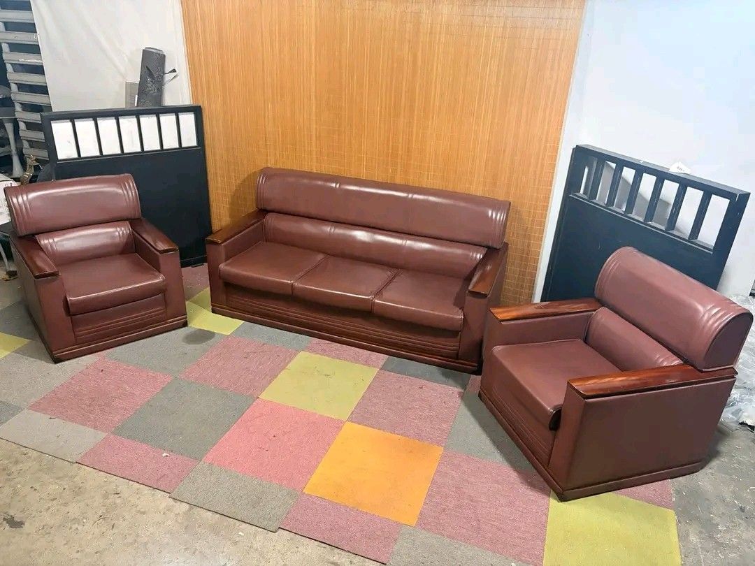 Brown Leather Sofa Set - 3 Seater + 2 Single Chairs (Category: Sofas) located in Manila. Submitted by eloizavill76462 (Listing ID 1444934599, Image 3). Description: Modern Leather Sofa Set with Wooden Accents 3pcs Set : 1pc 3-Seater Sofa & 2pcs Single Sofa SUPER SOFT & COMFY FOAMS!!! 3-seater : 71L x 31W x 16H seat height inches Sandalan height 33 inches Single : 30L x 31W x 16H seat height inches Sandalan height 33 inches .