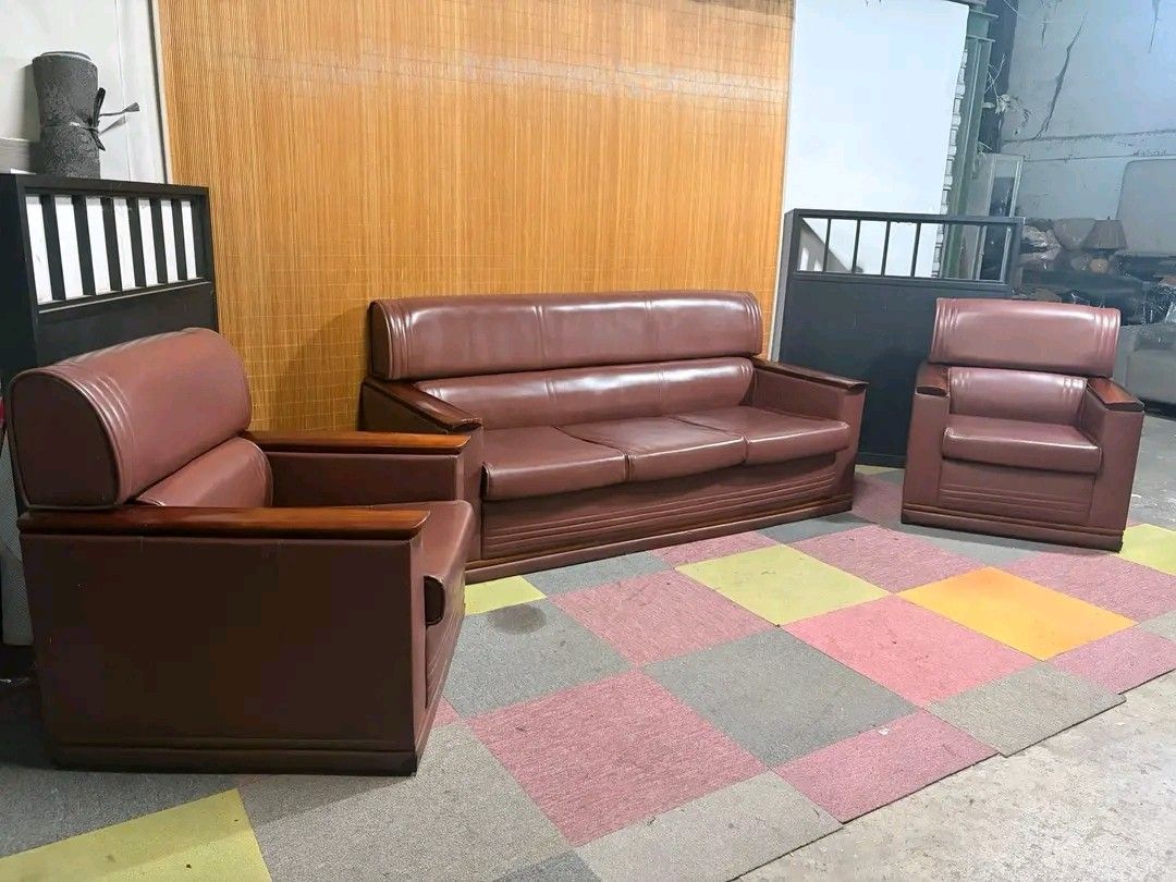 Brown Leather Sofa Set - 3 Seater + 2 Single Chairs (Category: Sofas) located in Manila. Submitted by eloizavill76462 (Listing ID 1444934599, Image 2). Description: Modern Leather Sofa Set with Wooden Accents 3pcs Set : 1pc 3-Seater Sofa & 2pcs Single Sofa SUPER SOFT & COMFY FOAMS!!! 3-seater : 71L x 31W x 16H seat height inches Sandalan height 33 inches Single : 30L x 31W x 16H seat height inches Sandalan height 33 inches .