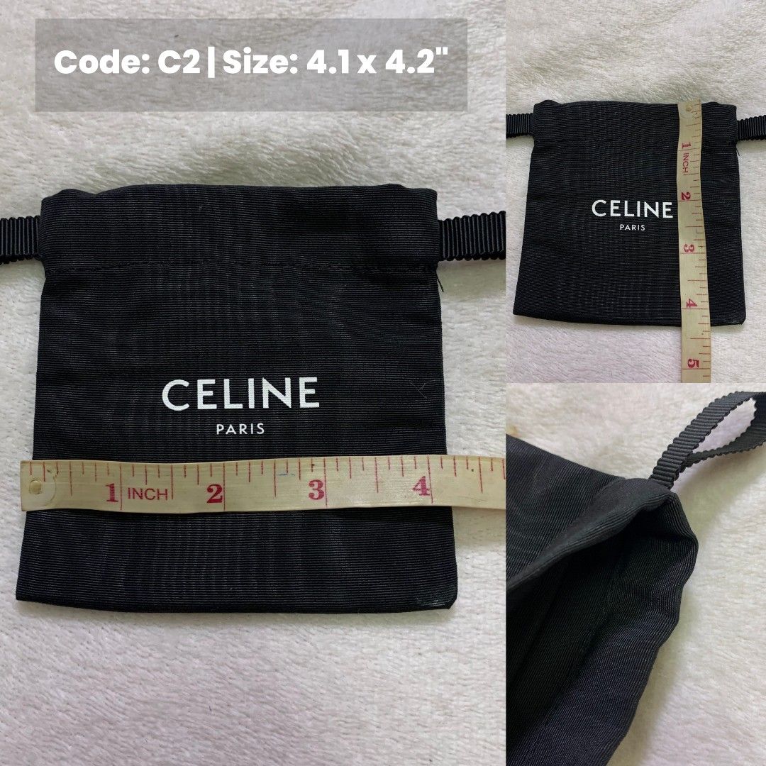 Celine Pouch Bag Dust Bag (Category: Luxury Bags & Wallets) located in Manila. Submitted by poupeefrills (Listing ID 1444879417, Image 2). Description: - Color: Black fabric with Celine Paris logo - Closure: Drawstring - Perfect for storing small accessories, jewelry, or other valuables • C1 - 500 • C2 - 350 This shop is not affiliated with any of the brands featured in this account. All rights and registered trademarks remain the property of the