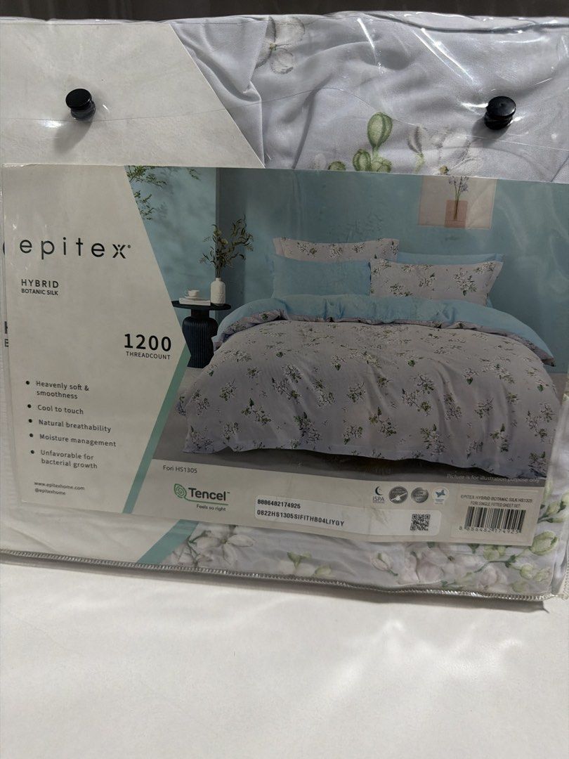 Epitex 1200 Threadcount Tencel Hybrid Botanic Queen Fitted Sheet Set (Category: Bedding & Towels) located in Singapore. Submitted by meichee626 (Listing ID 1444977604, Image 1). Description: - Epitex Queen Fitted Sheet Set - 1200 Threadcount - Made with Tencel for a heavenly soft feel - Cool to touch and naturally breathable - Excellent moisture management for comfort - Inhibits bacterial growth - Set includes: 1 Fitted Sheet, 1 Pillowsham, 1 Bol