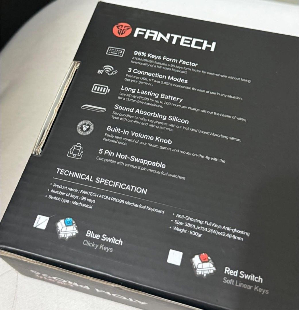 FANTECH MK914 ATOM PRO96 Mechanical Keyboard (Category: Computer Keyboard) located in Marikina City. Submitted by cristakyo (Listing ID 1444876706, Image 3). Description: FANTECH MK914 ATOM PRO96 Mechanical keyboard -95%keys form factor -3 connection modes (usb,Bluetooth and 2.4 ghz connection. -Long lasting battery up to 260hours per charge -Sound absorbing silicon -Built -In Volume Knob -5 pin hot- swappable -Blue Switch- Clicky Keys Technical 