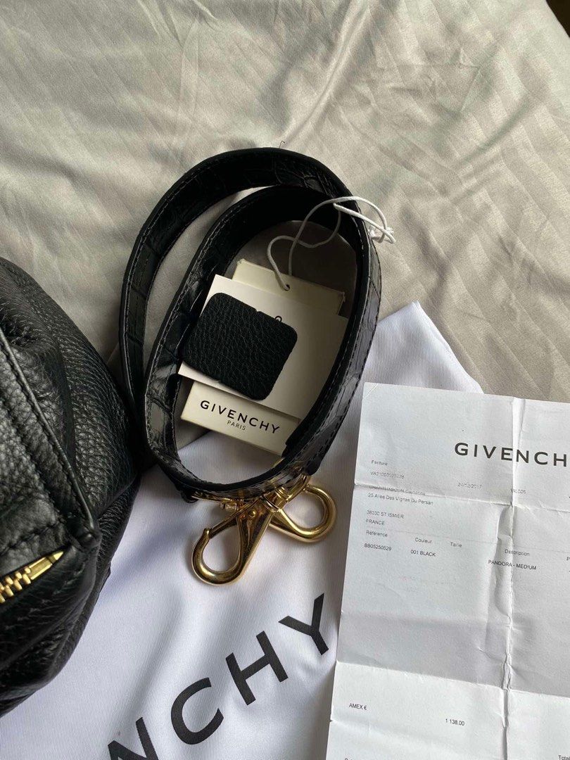 Givenchy Pandora Medium Croc Embossed Leather Bag Black (Category: Luxury Bags & Wallets) located in Quezon City. Submitted by cnalejandro (Listing ID 1444977077, Image 3). Description: - Authentic Black Givenchy Pandora Medium bag - Luxurious croc-embossed leather - Elegant gold hardware - Comes with dust bag, strap, and original receipt, care card and leather swatch - Ideal size for everyday essentials.