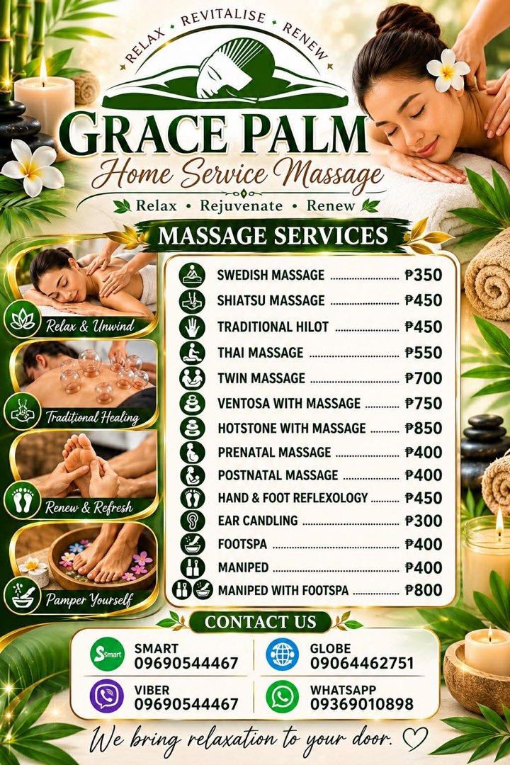 Grace Palm Home Service Massage (Category: Beauty & Health Services) located in Manila. Submitted by gracepalmhomeservicemassage (Listing ID 1415270279, Image 1). Description: Fb Page:Grace Palm Home Service Massage.