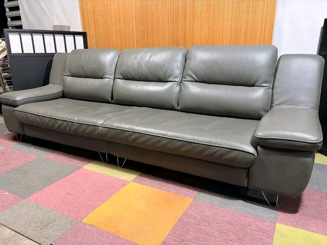 Grey Leather 3-Seater Sofa (Category: Sofas) located in Manila. Submitted by eloizavill76462 (Listing ID 1444885257, Image 2). Description: LONG!!! Modern 6-Seater Leather Sofa Thick 🇮🇹Italian Leather!!! NAPAKAGANDA!!! PURE FOAM SEATS!!! SUPER SOFT & COMFY!!! YAYAMANIN!!! PANG BUONG PAMILYA!!! VERY BIG & LONG!!! 116L x 40W x 17H seat height inches Sandalan height 38 inches In VERY good condition .