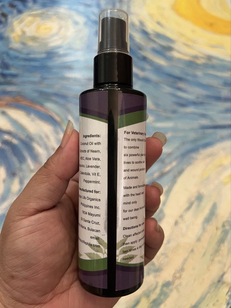 Happy Life Wound Spray (120ml. bottle) (Category: Health & Grooming) located in Quezon City. Submitted by katchierandomness (Listing ID 1445011788, Image 2). Description: Antibac, anti-fungal wound & skin solution. 2/3 left. For veterinary use only. You can pay via GCash, Maya or BPI QR code..