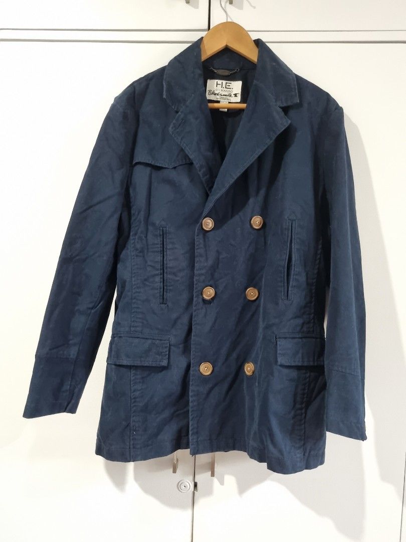 H.E. by Mango Blacksmith Double Breasted Jacket (Category: Coats, Jackets and Outerwear) located in Makati City. Submitted by amveee (Listing ID 1445042017, Image 1). Description: - Navy blue H.E. by Mango Blacksmith jacket - Double-breasted style - Wooden button details - Two front pockets - Tag size: XL - Made in China - Ideal for layering.