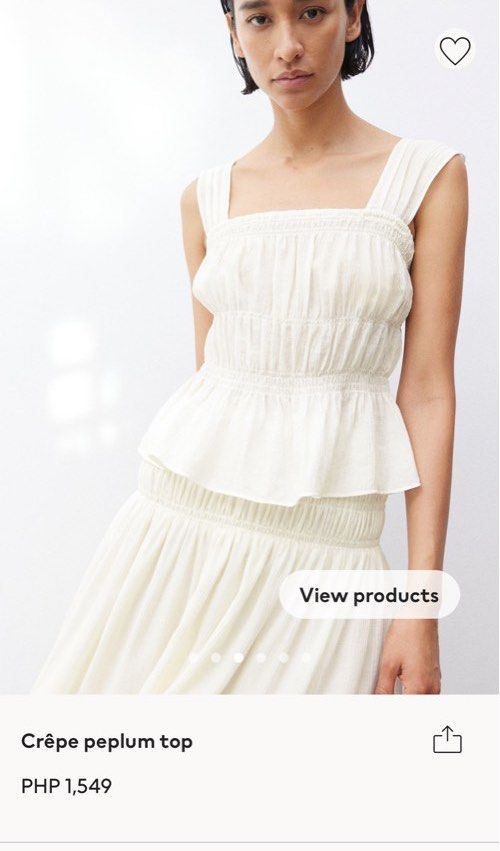 H&M Cream Crepe Peplum Top (Category: Sleeveless) located in Caloocan City. Submitted by smolgirlfits (Listing ID 1444997111, Image 1). Description: - Cream crepe peplum top - Square neckline - Smocked bodice - Tiered peplum hem - Wide shoulder straps - Perfect for a chic, casual look - Pairs well with skirts or trousers SRP1,549.