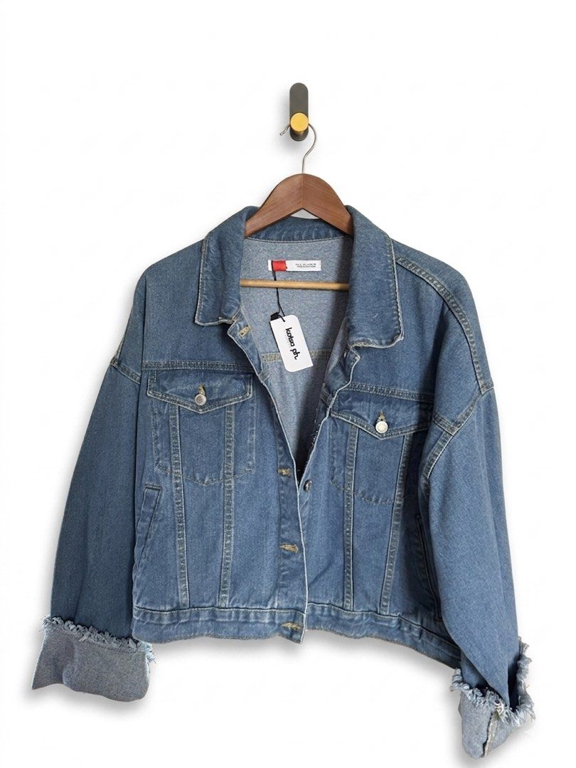 Katsa Ph. Oversized Denim Jacket with Fringed Cuffs (Category: Coats, Jackets and Outerwear) located in Manila. Submitted by martin827 (Listing ID 1444906689, Image 2). Description: Size: International Large (EUR L / USA L / MEX 30) Fit: Relaxed, cropped-boxier style designed to sit comfortably at the hips..