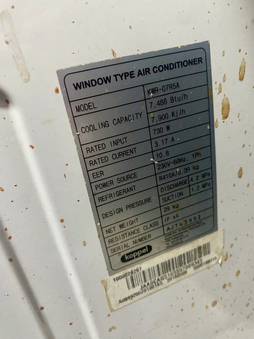 Koppel Window Type Air Conditioner KWR-07R5A (Category: Air Conditioning and Heating) located in Manila. Submitted by mariz.teodoro (Listing ID 1444880657, Image 2). Description: - Koppel Window Type Air Conditioner - Model: KWR-07R5A - Cooling Capacity: 7,488 Btu/h - Rated Input: 730 W - Voltage: 230V-60Hz - Refrigerant: R410A - Unit Weight: 29 kg - Please check photos for detailed condition..