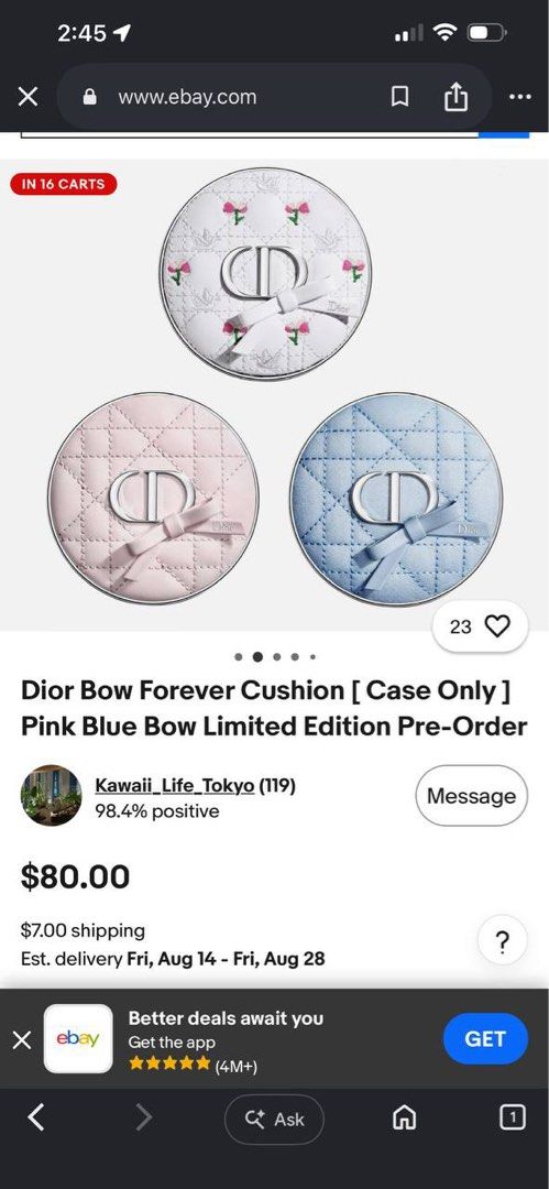 LIMITED EDITION Dior Cushion case + refill (Category: Makeup) located in Bulacan. Submitted by shopwithme_23 (Listing ID 1444548879, Image 3). Description: PRE-ORDER ONLY 🎀 Available via preorder only, release is expected early July. ETA: Around 3 weeks after release. Please expect possible delays since these will most likely sell out fast. ₱5,200 (includes the case + refill) As of now, I can’t guarantee if the case will be available separately,