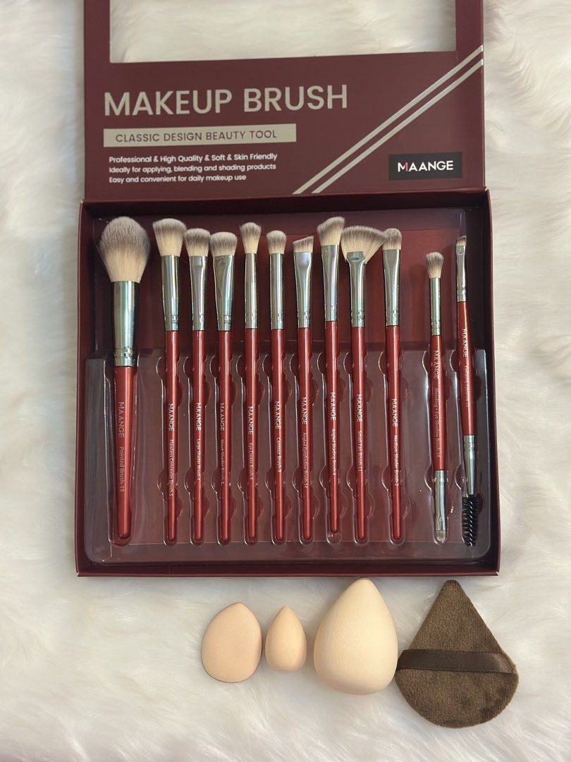 MAANGE 12 Piece Makeup Brush Set with Sponges (Category: Makeup) located in San Fernando. Submitted by _sxya (Listing ID 1445018571, Image 2). Description: - 12 piece MAANGE makeup brush set - Classic beauty tool design with red handles - Professional and high-quality - Soft, skin-friendly bristles - Ideal for applying, blending, and shading makeup - Easy to use for daily makeup routines ₱300 if make up brush only ₱320 with sponge & puff set 📌el