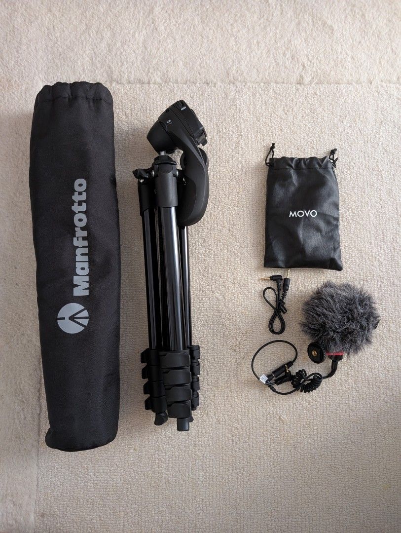 Manfrotto compact tripod + Movo universal mic (Category: Tripods & Monopods) located in Pasig City. Submitted by michi.a (Listing ID 1444943150, Image 1). Description: For sale: photography/videography accessories ✨ Manfrotto compact action aluminum tripod with hybrid head — Php 3,000 ONLY (SRP 4.7k) ✨ Movo VXR10 universal mic for camera and smartphones — Php 1,000 ONLY (SRP $39.98 / Php ~2.4k) Both barely used and can pass as new. Feel free to D