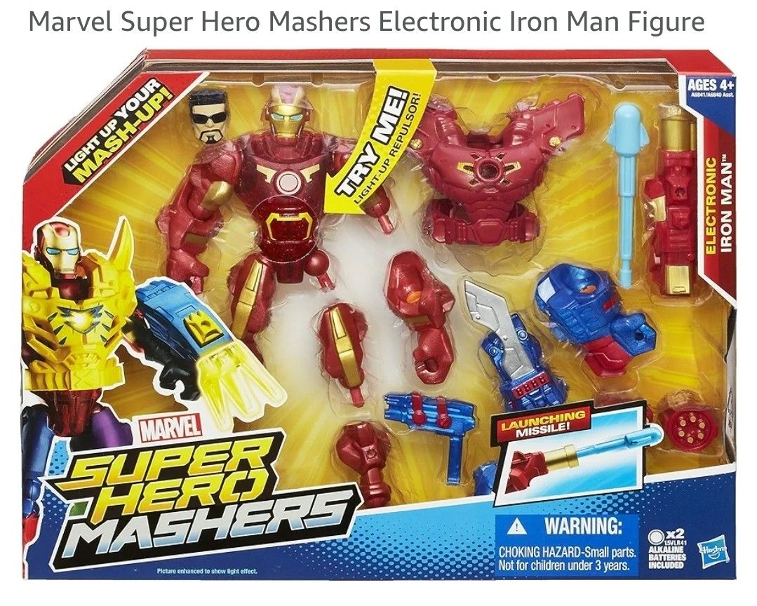 Marvel Super Hero Mashers Electronic Iron Man Figure (Category: Action & Battle Toys) located in Pasig City. Submitted by JRisEn (Listing ID 1445038234, Image 2). Description: - Marvel Super Hero Mashers Iron Man figure - Includes various accessories and customizable parts - Features light-up and launching missile functions - Recommended for ages 4 and up - Perfect for Iron Man and Marvel fans.