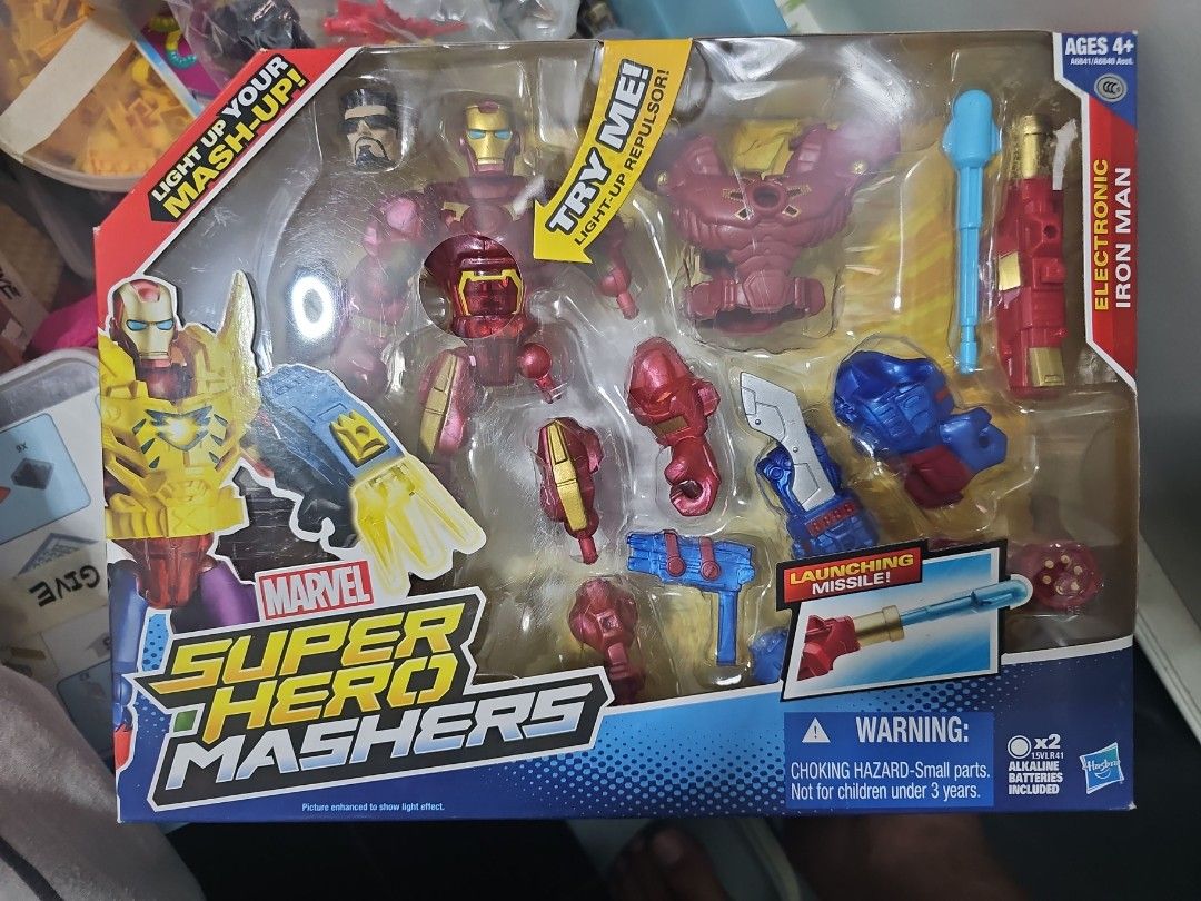 Marvel Super Hero Mashers Electronic Iron Man Figure (Category: Action & Battle Toys) located in Pasig City. Submitted by JRisEn (Listing ID 1445038234, Image 1). Description: - Marvel Super Hero Mashers Iron Man figure - Includes various accessories and customizable parts - Features light-up and launching missile functions - Recommended for ages 4 and up - Perfect for Iron Man and Marvel fans.