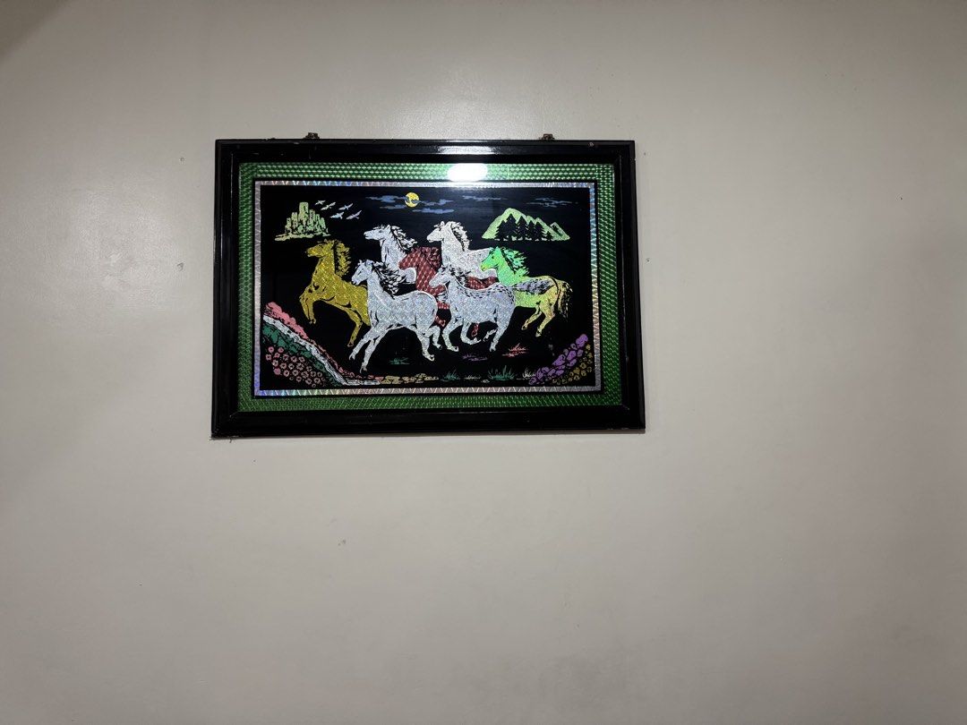 Metallic Horse wall art decor (Category: Wall Decor) located in Quezon City. Submitted by dkpestcontrolservices (Listing ID 1445009155, Image 2). Description: ✨ For Sale: Metallic Horse Wall Art ✨ 🔥 Stunning framed artwork na may 5 galloping horses in vivid metallic colors (gold, silver, red, green). ✅ Feng Shui‑inspired design – simbolo ng success, prosperity, at good fortune. ✅ Dynamic composition with mountains, sun, birds, and flowers – perf
