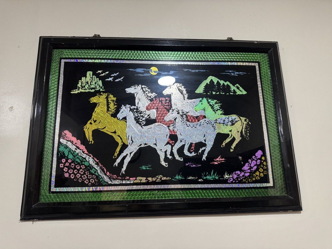 Metallic Horse wall art decor (Category: Wall Decor) located in Quezon City. Submitted by dkpestcontrolservices (Listing ID 1445009155, Image 3). Description: ✨ For Sale: Metallic Horse Wall Art ✨ 🔥 Stunning framed artwork na may 5 galloping horses in vivid metallic colors (gold, silver, red, green). ✅ Feng Shui‑inspired design – simbolo ng success, prosperity, at good fortune. ✅ Dynamic composition with mountains, sun, birds, and flowers – perf