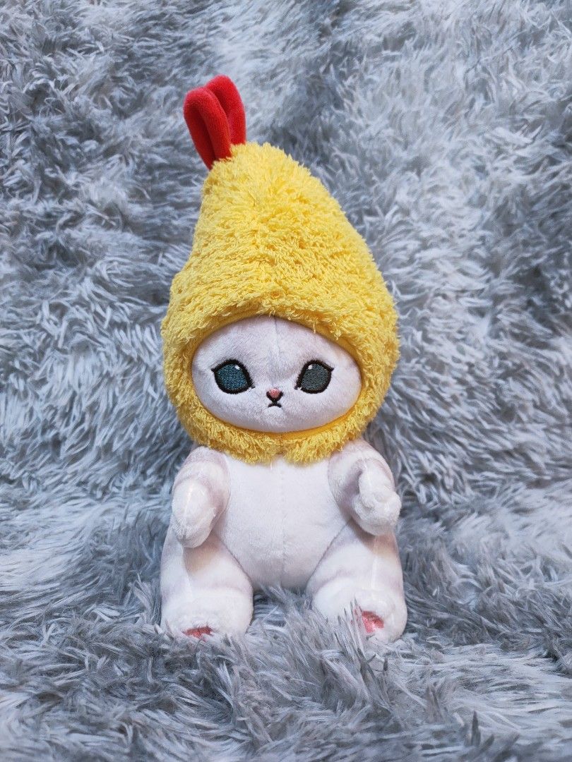 Mofusand Fried Shrimp Cat Plushie (Category: Plushies & Soft Toys) located in Antipolo. Submitted by bhabiegraciefashionlab (Listing ID 1444877804, Image 1). Description: This mofusand plush toy is the "Fried Shrimp Cat" character, featuring a soft, white feline plushie dressed in a yellow, textured shrimp costume with a red accent on top #mofusand.