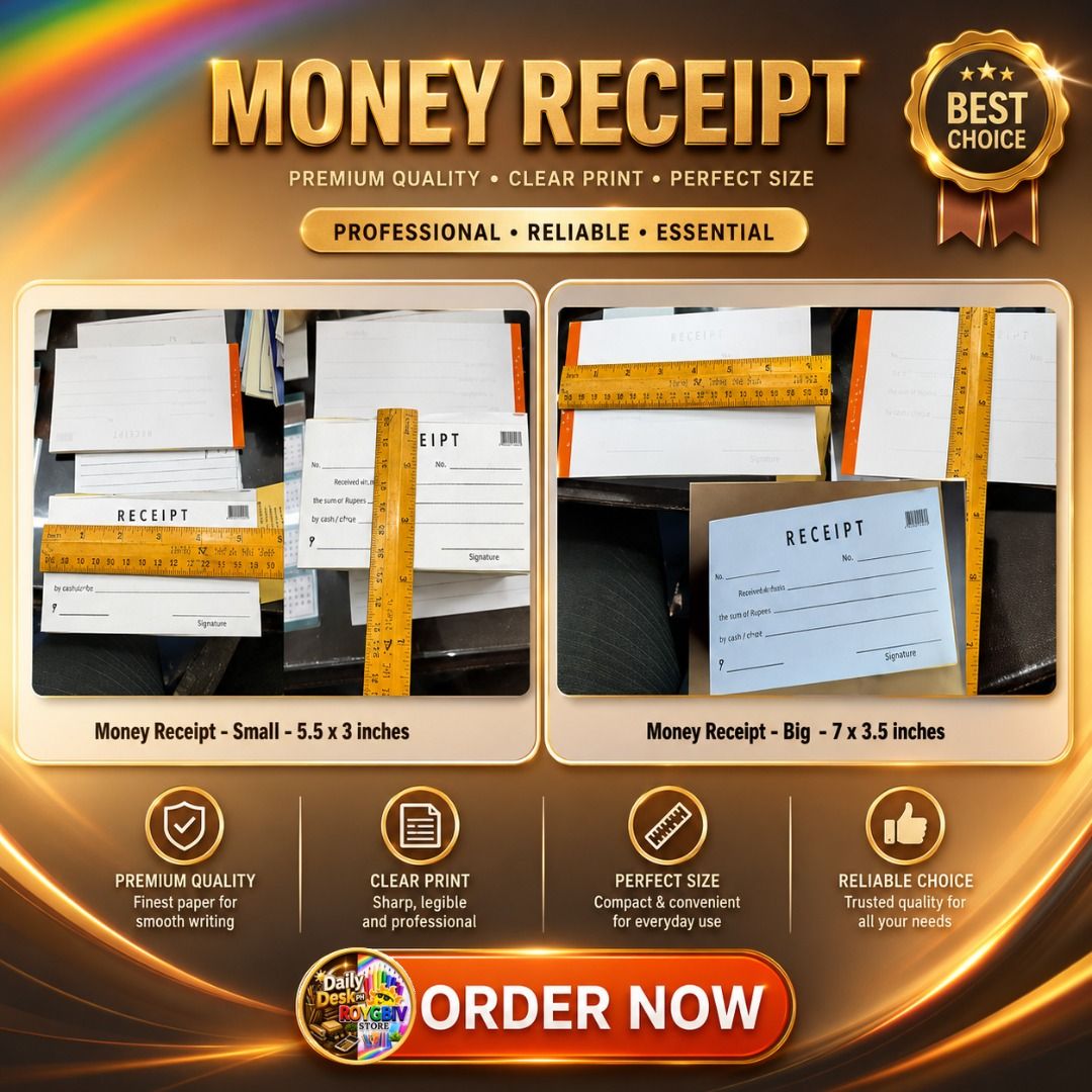 Money Receipt booklets (acknowledgment receipts) (Category: Stationery & School Supplies) located in Manila. Submitted by golden888onlineshop (Listing ID 1445008849, Image 1). Description: ✔️ Money Receipt booklets (acknowledgment receipts) It is a pre-printed, fill-in-the-blank paper pad used by individuals, landlords, small businesses, and vendors to document cash or payment transactions. Uses: ✅ Rental Payments: Given by landlords to tenants u