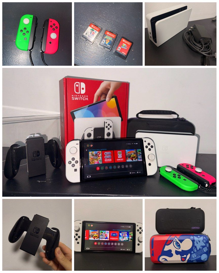 Nintendo Switch 1 OLED Complete Pack + 4 Games + 2 extra Joycon (Category: Nintendo) located in Taguig. Submitted by jemjemdelrey (Listing ID 1445029969, Image 1). Description: HELLO GAMERS! FOR SALE! 💥 🎮 Nintendo Switch 1 OLED complete pack: - Nintendo Switch OLED console (white) - Nintendo Switch dock (with LAN port) - 4 Joycon (2 white, 1 neon green, 1 neon pink) - 4 Joycon straps - Joycon Grip - High Speed HDMI cable - Nintendo Switch AC Ad