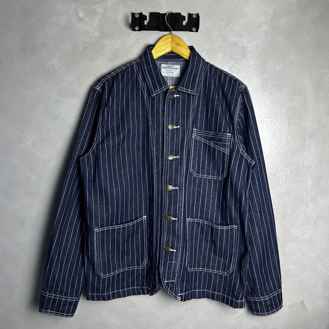 Okonkwo MFG - Pinstripe Chore Jacket (Category: Coats, Jackets and Outerwear) located in Quezon City. Submitted by cityboycrates_ph (Listing ID 1444944501, Image 1). Description: Size: XXL 29" length 23.5" width Material: Cotton Made In: Japan Condition: Excellent Color rate: 9.5/10 Issue: None Exact metrics shared upon inquiry. Take a quick moment to double-check the size & condition. Once an order is placed and confirmed, we may not be able to 
