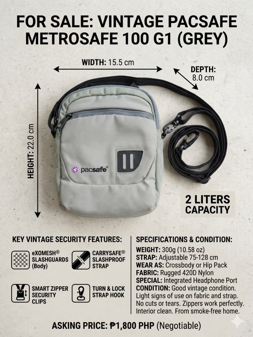 Pacsafe Metrosafe 100 (First-generation) Grey Compact Crossbody Bag (Category: Sling Bags) located in Quezon City. Submitted by woofnfloofph (Listing ID 1444886021, Image 2). Description: Preloved but lightly used only. QC area Vintage Security Features This generation features Pacsafe's classic, heavy-duty safety hardware: eXomesh® Slashguards: Built-in flexible, high-tensile stainless steel wire mesh embedded into the lower front and bottom pan
